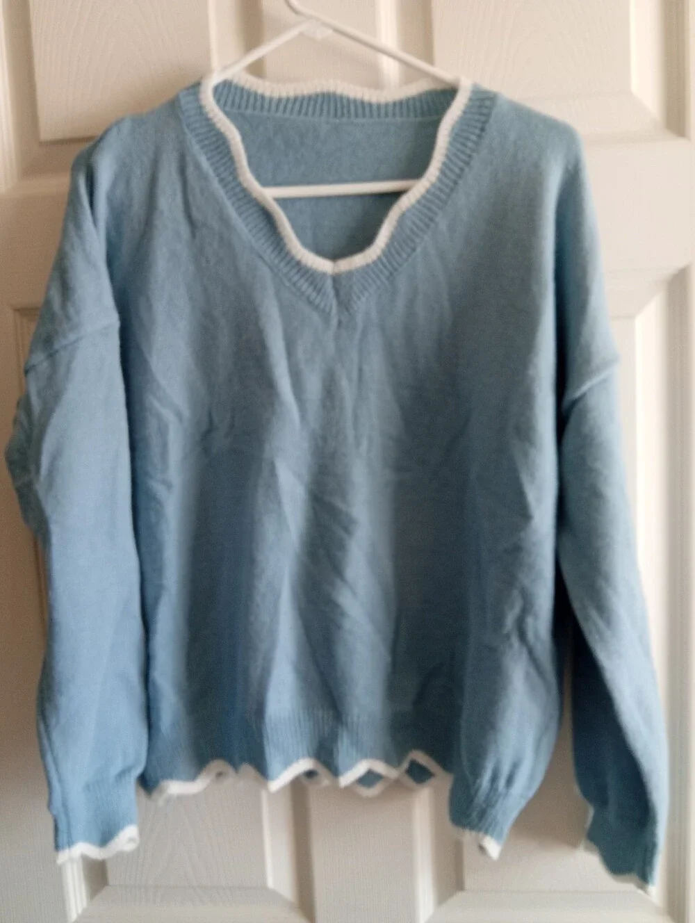 Light Blue V‑Neck Women's Sweater with White Trim